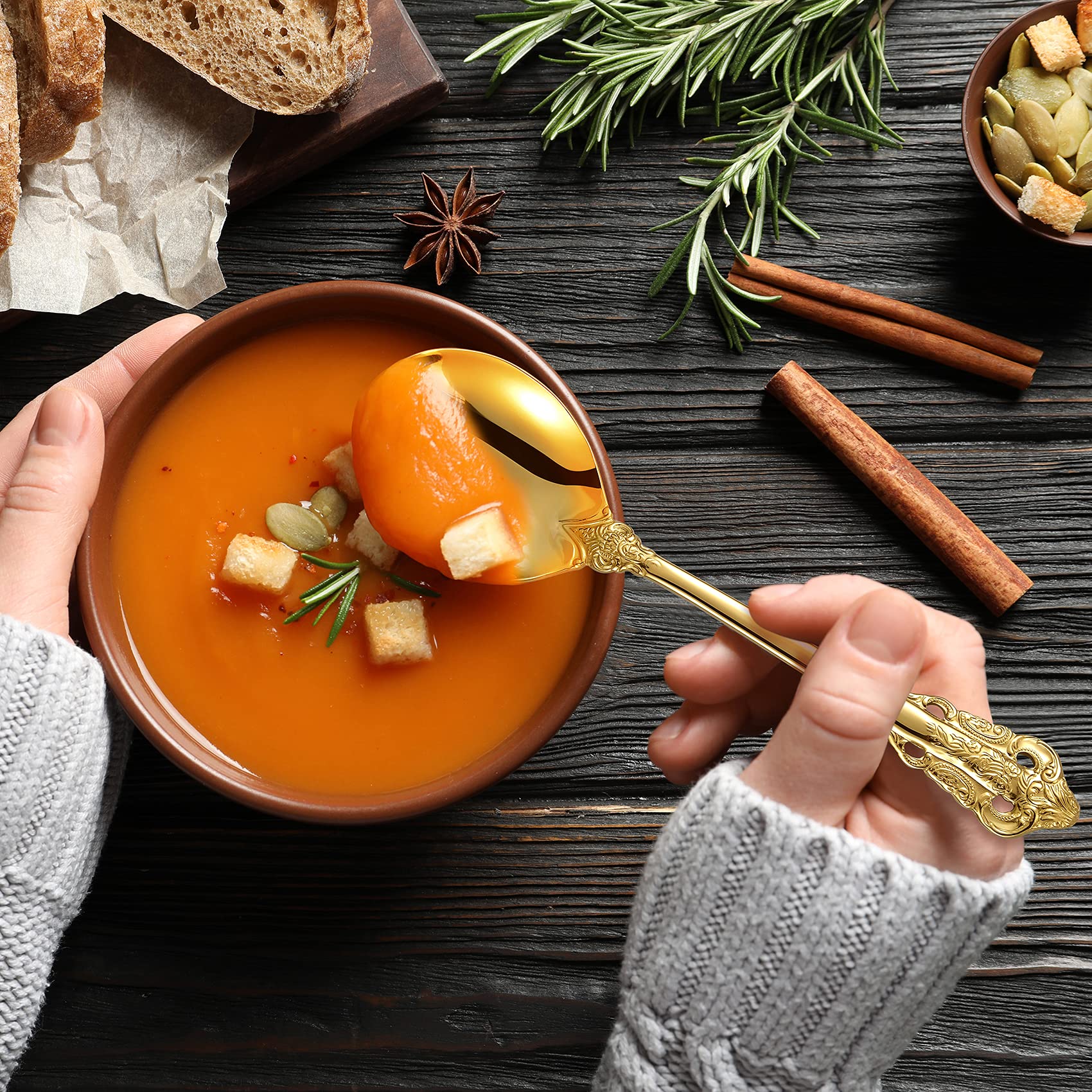 KEAWELL Gorgeous Round Soup Spoon  Set of 4  18/10 Stainless Steel  Gold Visions Bouillon Spoon  Dishwasher Safe  Fine Mirror Polished